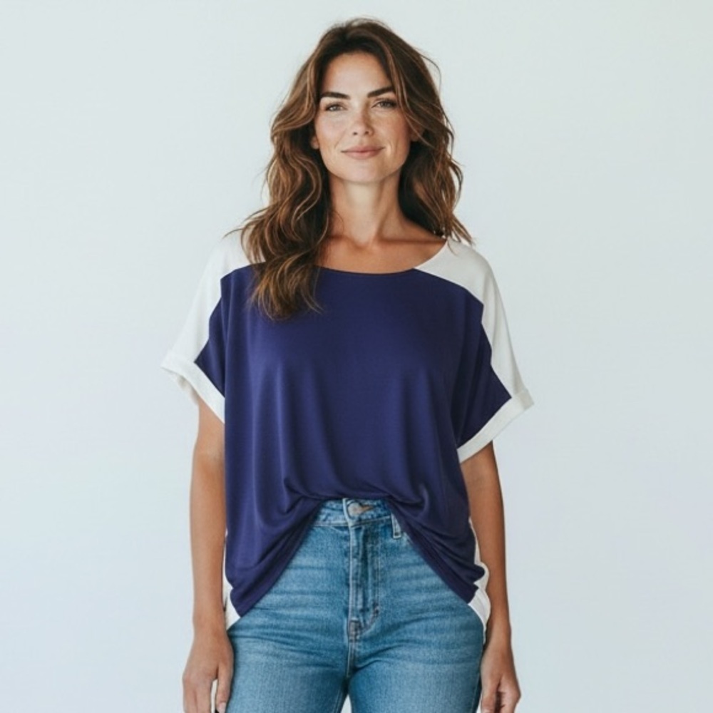 ANTHROPOLOGIE COA Square Neck Two Color Short Sleeve Top Size L NEW